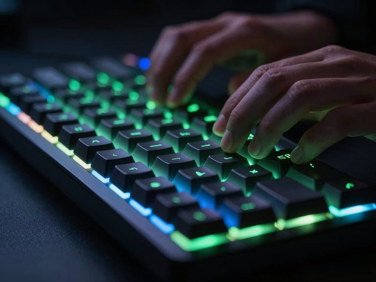 Macro shot of hands on a backlit mechanical keyboard in a dark studio, neon green and blue screen glow reflecting on keycaps, 35mm lens, shallow depth of field