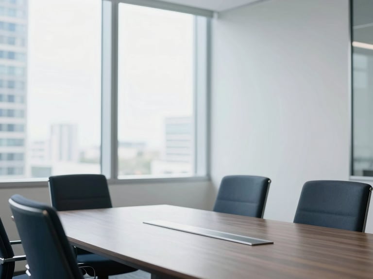 Bright natural high-key editorial photograph of a modern minimalist corporate boardroom in Miami, large clean windows with soft daylight, slate gray and navy accents, shallow depth of field.