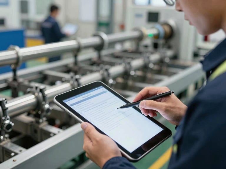 Close-up of industrial engineer using a tablet to analyze physical assembly line movements, high-contrast technical tones, sharp focus
