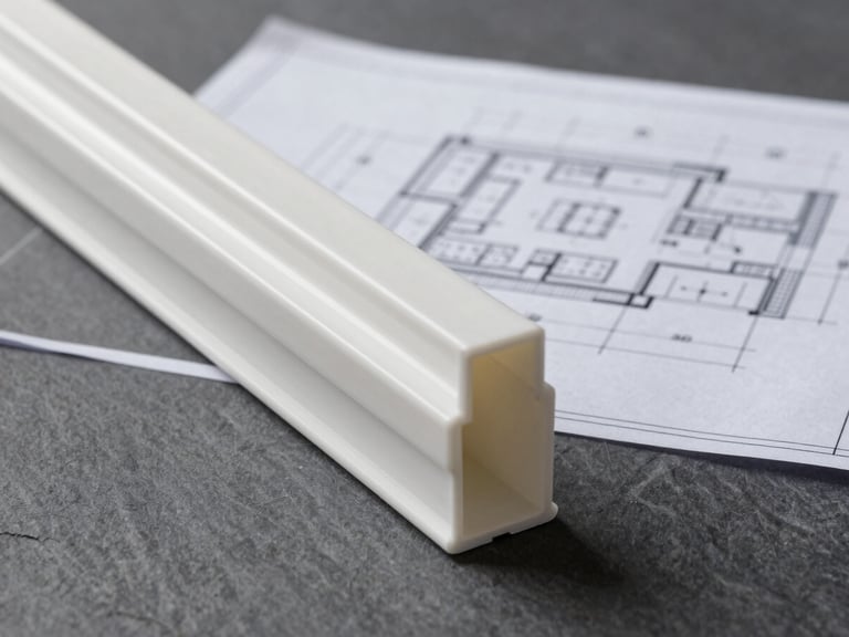 A clean architectural blueprint overlaying a physical white PVC profile extrusion, technical dimension lines, high-contrast studio lighting, slate gray background.