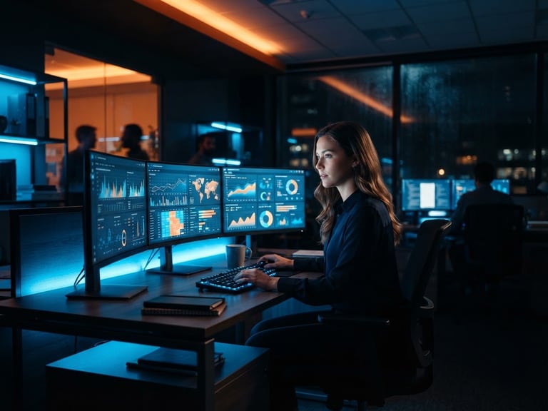 Dramatic low-key corporate photography of a modern workspace with glowing screens showing analytics dashboards, electric blue rim lighting, sharp focus, 35mm lens.