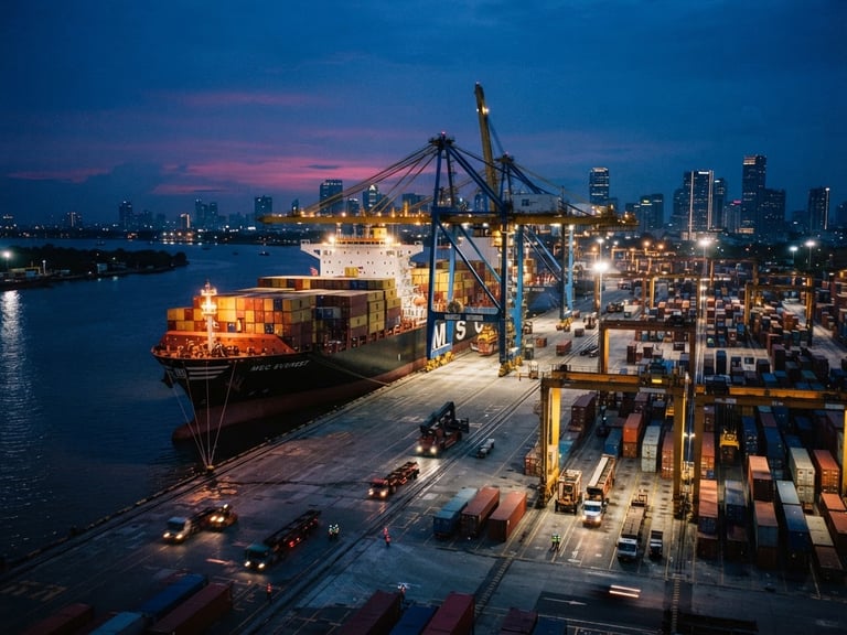 Wide environmental shot of a cargo freighter ship docked at a modern Jakarta port during twilight, high-contrast industrial lighting, deep blue and magenta accents, 35mm