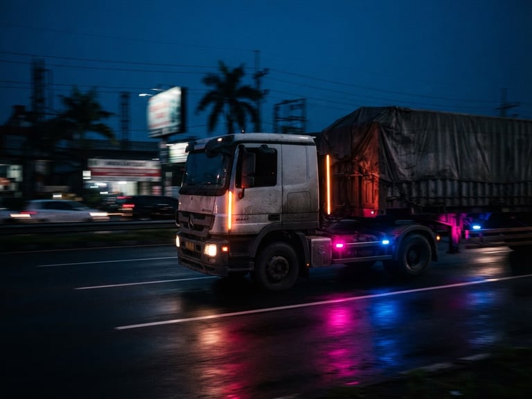 A heavy-duty cargo truck driving down an Indonesian highway at twilight, motion blur, high-contrast industrial lighting, deep blue and sharp magenta taillight reflections, 35mm