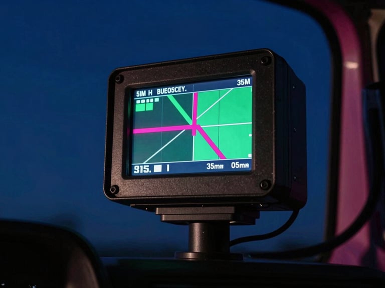 A close-up of a rugged digital tracking terminal inside a truck cabin, displaying green and magenta route coordinates, sharp focus, night time, 35mm