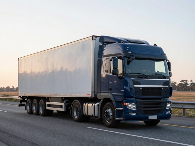 Modern commercial fleet truck on a Mid-Atlantic highway at sunrise, crisp daylight, cool slate and navy tones, sharp focus, 35mm lens.