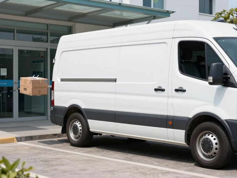 Medical courier vehicle parked outside a hospital entrance, secure package transfer, bright daylight, cool slate and navy tones, sharp focus, 35mm lens.