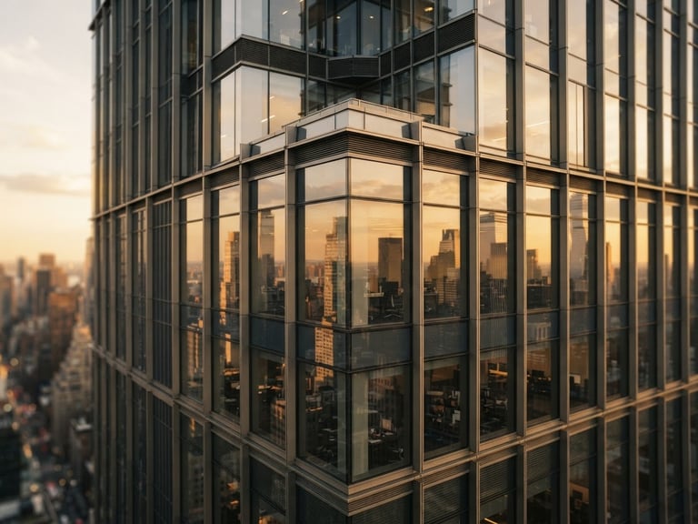 Architectural close-up of a modern glass skyscraper reflecting warm golden-hour sunlight, clean lines, high-end editorial feel.