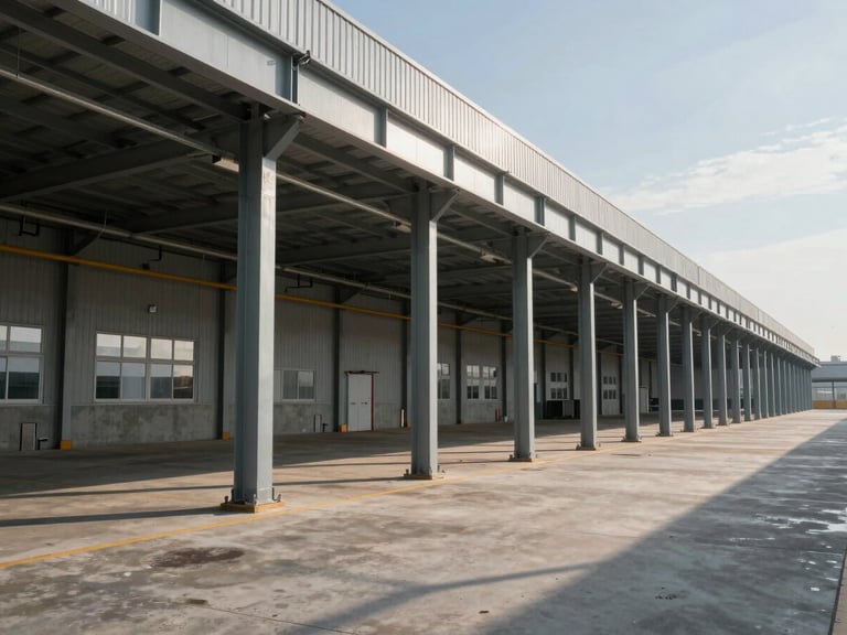 Wide-angle shot of a completed industrial logistics park with exposed steel columns and concrete panels under sharp afternoon shadows