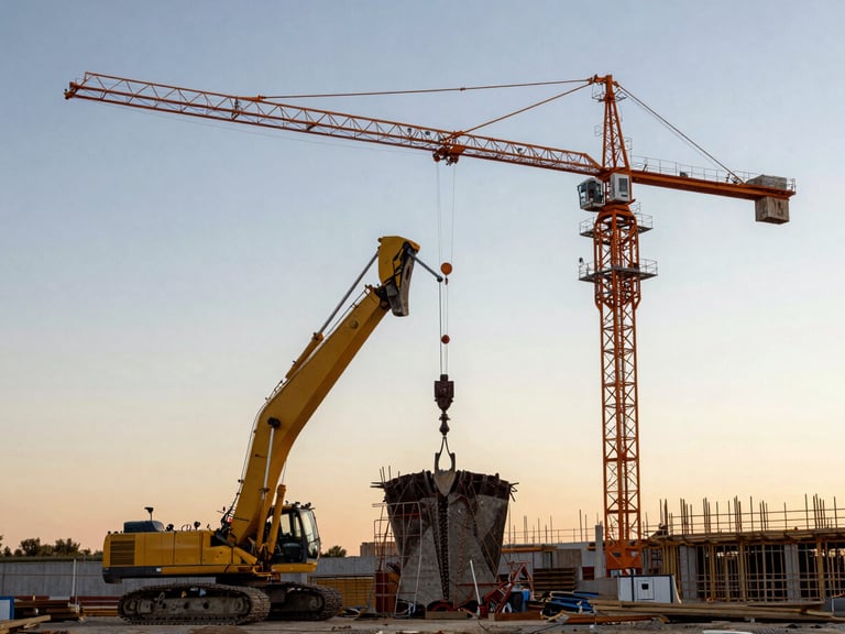 Extreme wide environmental shot of an active construction site, heavy concrete pouring machinery in motion, orange cranes silhouetted against a late afternoon sky.