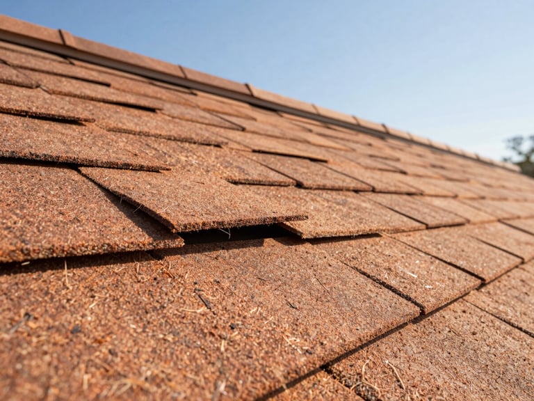 Detailed view of a roof edge where shingles are slightly lifted by wind, showing professional inspection, bright Texas sunlight, 35mm architectural lens.