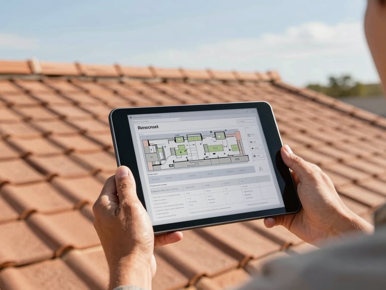 Professional contractor's hands holding a tablet showing a detailed roof inspection report, with a Texas sky and roofline in the background, bright natural sunlight, warm editorial photography.