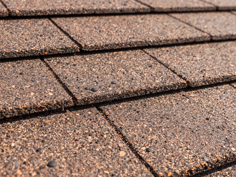 Macro close-up of asphalt shingles showing subtle, difficult-to-spot hail bruising, under bright Texas sunlight, sharp focus, 35mm architectural lens.