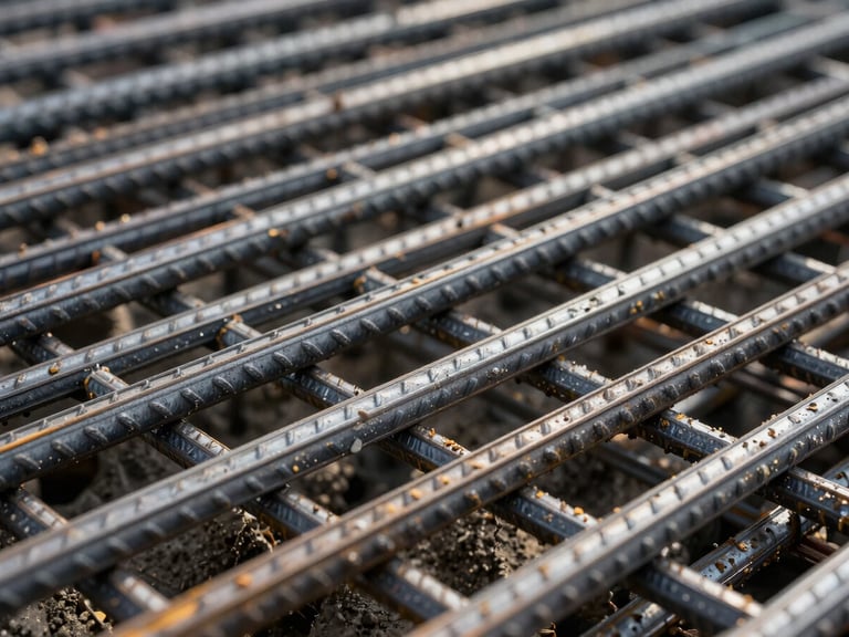 Extreme close-up of thick steel reinforcement rebar grids before concrete pouring, sharp focus, industrial high-contrast lighting