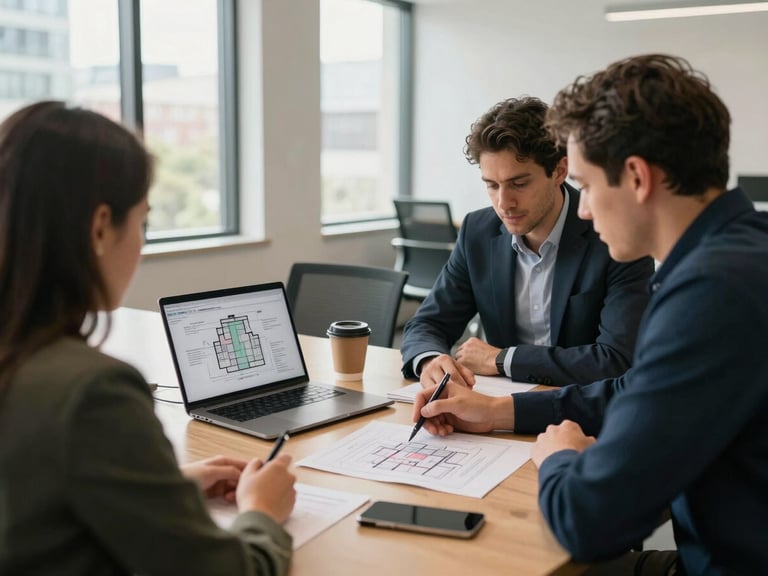 Over-the-shoulder wide shot of two professionals at a conference table in a modern Austin office, one annotating a printed architecture diagram with a pen, the other reviewing a laptop with infrastructure schematics, warm natural daylight through floor-to-ceiling windows, papers and coffee cups on table suggesting real work in progress
