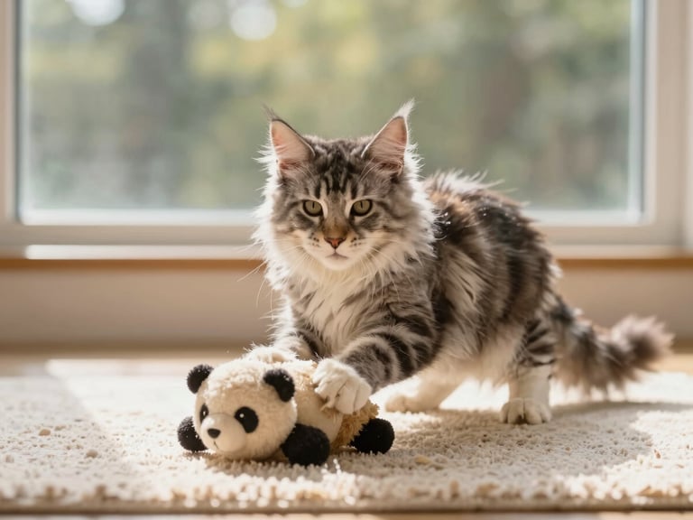 Maine Coon kitten batting at a soft development toy on a textured rug, warm light