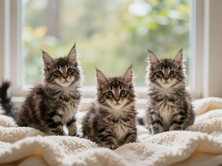 Three Maine Coon kittens, 10 weeks old, playing on a soft cream blanket in warm natural light, one looking directly at the camera.