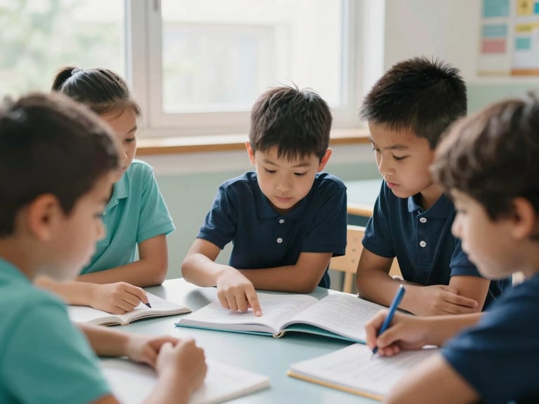 Diverse elementary school children collaborating on a reading activity, one child pointing to a word, natural classroom light, soft teal and navy undertones, expressions of shared discovery, 35mm.