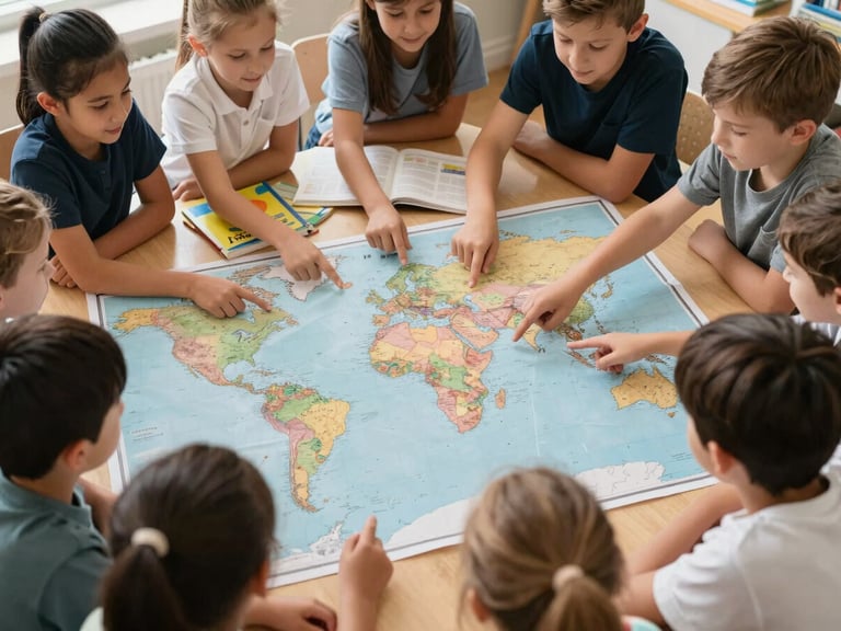 Overhead shot of children gathered around a large world map, pointing to different countries, bilingual books scattered nearby, natural light, expressions of curiosity, 35mm.