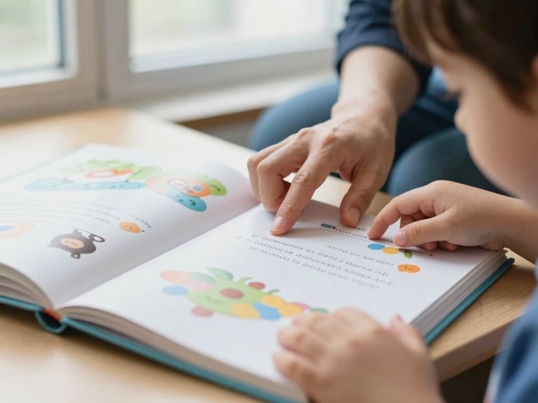 Close-up of a child's hands turning pages of a bilingual storybook, natural light, soft focus on the book, a teacher's hand gently guiding, warm classroom setting, 35mm.