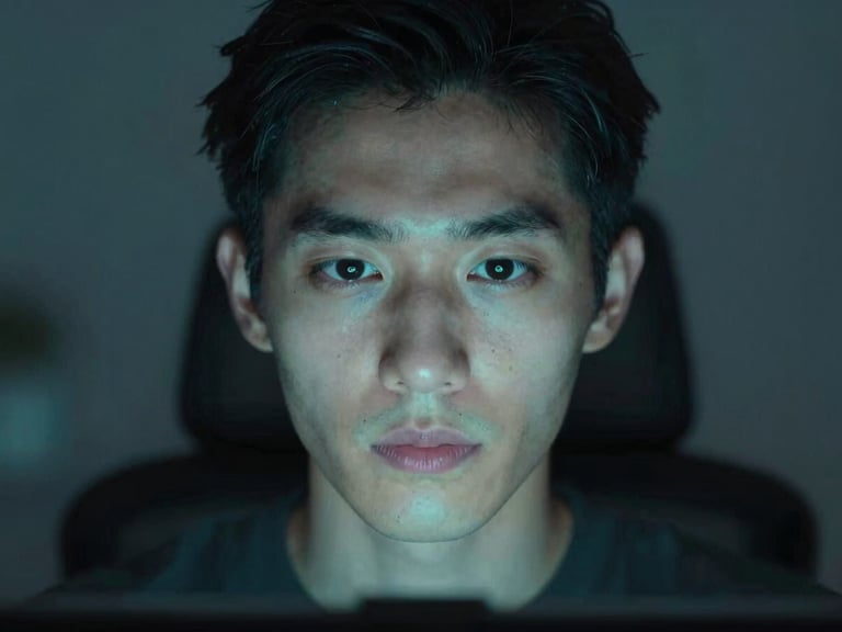 Focused candidate looking directly at a webcam, cool screen-glow ambient light casting desaturated blue and green tones on their face, 35mm