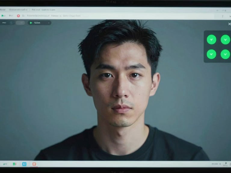 Webcam-style portrait of a focused candidate under cool screen-glow highlighting, overlay of technical calibration metrics and green success indicators, desaturated teal tones, 35mm