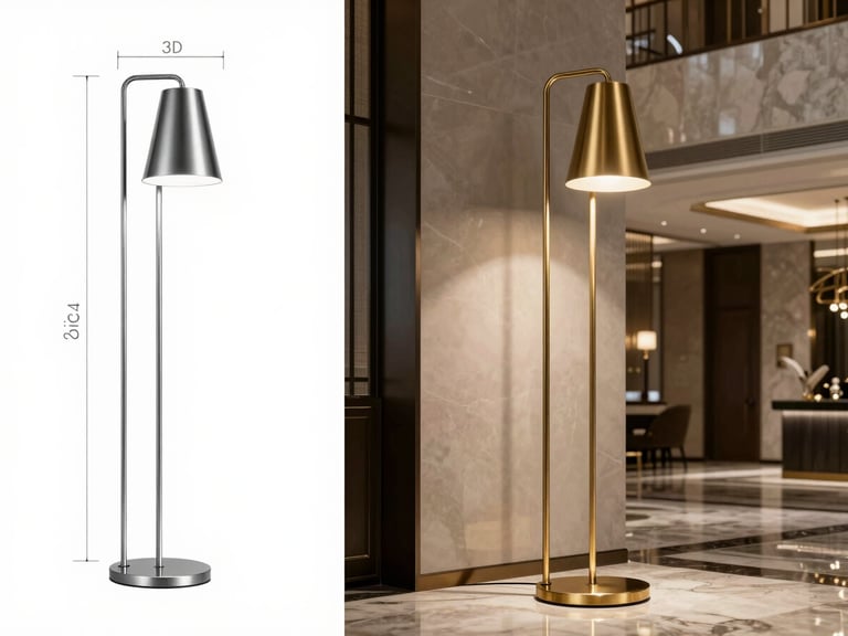 Technical CAD schematic of a modern metal floor lamp on the left, transitioning into a crisp architectural photograph of the finished brushed-brass fixture in a luxury hotel lobby, high contrast, clean industrial lighting, 35mm