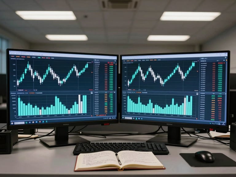 Wide shot of a dual-monitor trading workstation in a dim control-room environment, live price charts filling both screens with cyan and white candlestick data, a handwritten trade journal open on the desk beside the keyboard, cool fluorescent overhead light, no person visible
