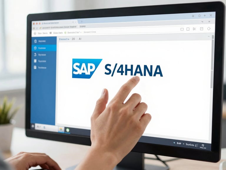 Close-up of a student's hands interacting with a live SAP S/4HANA interface on a monitor, bright office lighting, blue and white tones, sharp focus.