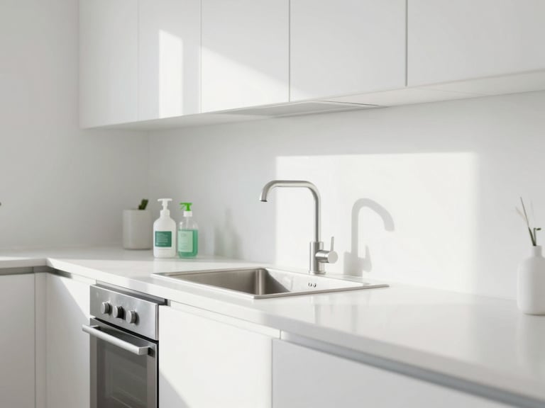 Sparkling clean, minimalist kitchen counter with stainless steel appliances reflecting natural light, eco-friendly cleaning tools visible, sharp focus, bright high-key interior.