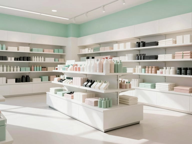 Bright, organized retail store interior with clean floors and well-arranged displays, natural daylight, high-key, clean shadows.