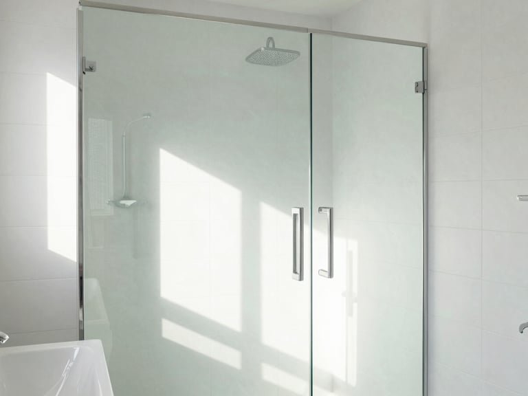 Immaculate, well-organized modern bathroom with white tiles and glass shower, natural light, clean shadows, architectural digest style.
