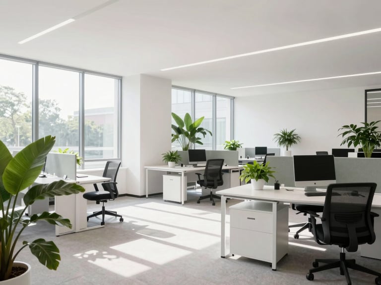 Clean, modern open-plan office space with large windows, ergonomic desks, and green plants, natural morning daylight, high-key, sharp focus.