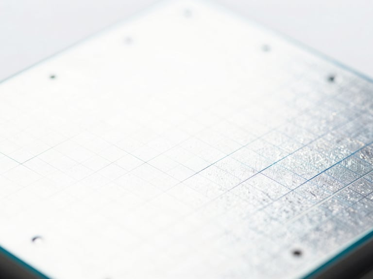Macro close-up of a pristine silicon wafer structure, crisp high-key white studio light with subtle silver and ice-blue reflections, extreme negative space, 35mm
