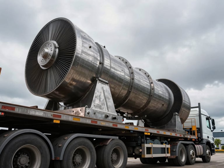 Low-angle heroic shot of a heavy-duty multi-axle flatbed truck transporting a massive steel industrial turbine, dramatic overcast morning light, metallic textures