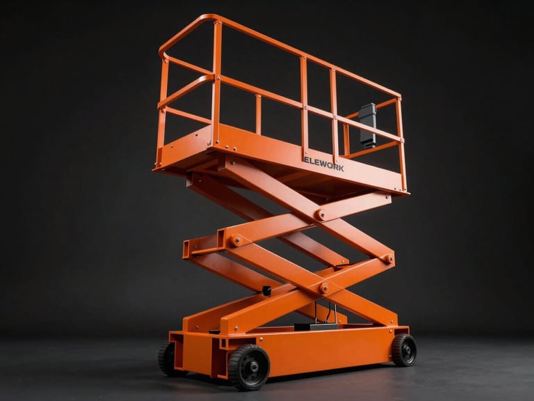Low-angle dramatic studio shot of the ELEWORK electric lift, showcasing its robust orange steel base and solid safety guardrails against a dark background, sharp metallic highlights.