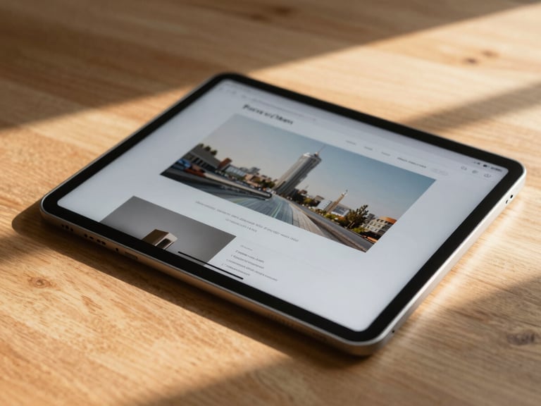 A close-up of a modern tablet displaying a clean website interface on a warm wooden desk, soft natural daylight casting gentle shadows.
