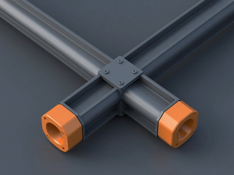 Crisp 3D CAD rendering of complex structural steel connections, overhead isometric view, cool slate and industrial orange accents, clean technical wireframe.