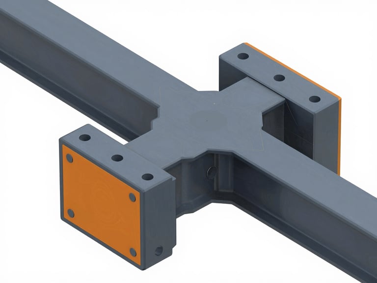 Crisp 3D CAD rendering of complex structural steel connections, detailed isometric view, cool slate and industrial orange accents