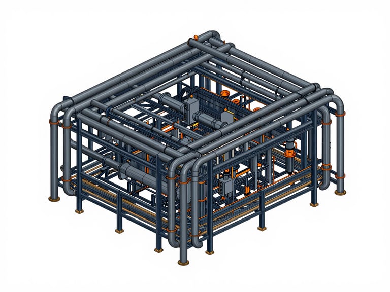 3D CAD model rendering of a massive industrial pipe rack system, complex process racks and equipment supports