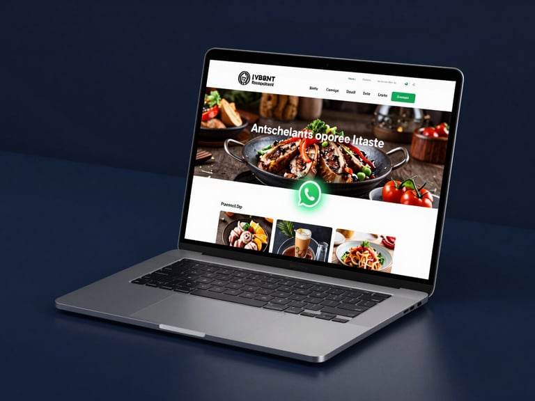 Sleek modern laptop on a dark midnight blue desk displaying a restaurant website with high-contrast food photography and a glowing green WhatsApp button