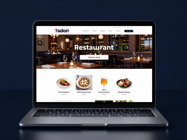 Sleek tech photography, glowing glassmorphism mockup of a modern restaurant website on a laptop screen, dark midnight blue ambient lighting.