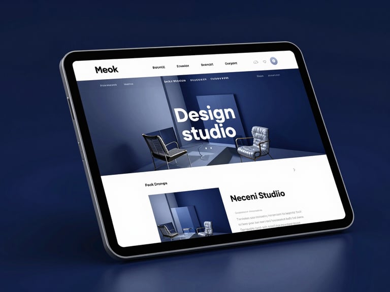 Sleek tech photography, glowing glassmorphism mockup of an interior design studio website on a tablet, dark blue highlights.