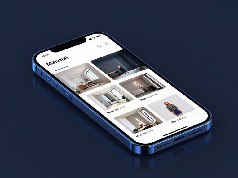 Modern smartphone displaying an interior design portfolio website with clean minimalist layouts, sharp focus, glowing electric blue ambient lighting