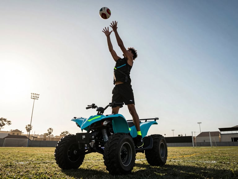 Dynamic low-angle sports photography of a quadball player leaping to catch a ball, dramatic late-afternoon sun over a sports field in Lima, high-contrast, neon cyan accents