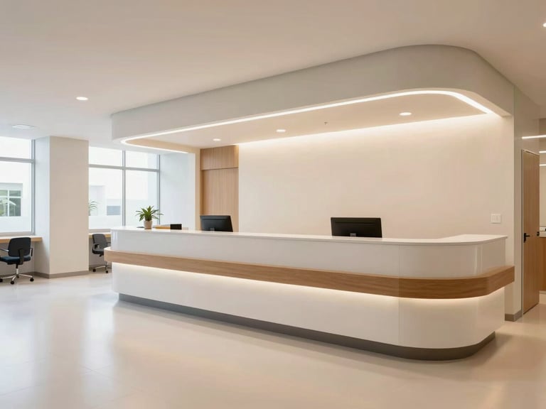 Wide shot of a modern, clean hospital reception area in Brazil, soft warm lighting, professional architectural photography