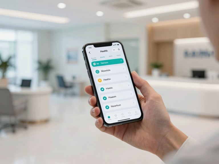Close-up of hands holding a modern smartphone displaying a clean health app interface in a bright, high-end medical clinic lobby, professional lighting