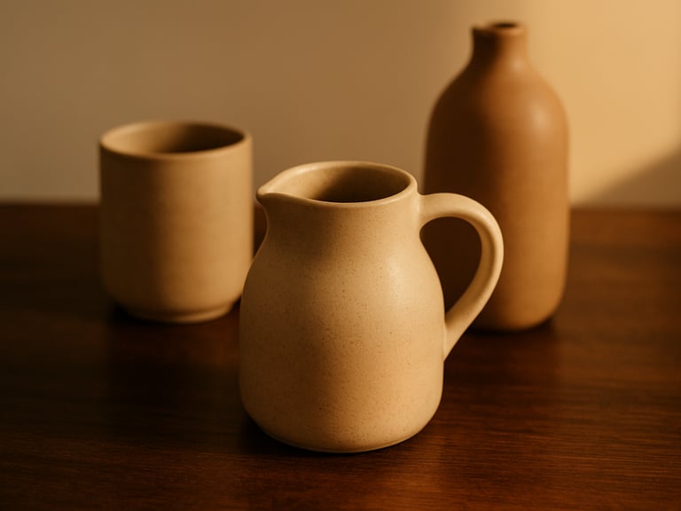 Close-up of minimalist ceramic vessels on a dark wooden surface, soft morning light, warm earth tones, shallow depth of field