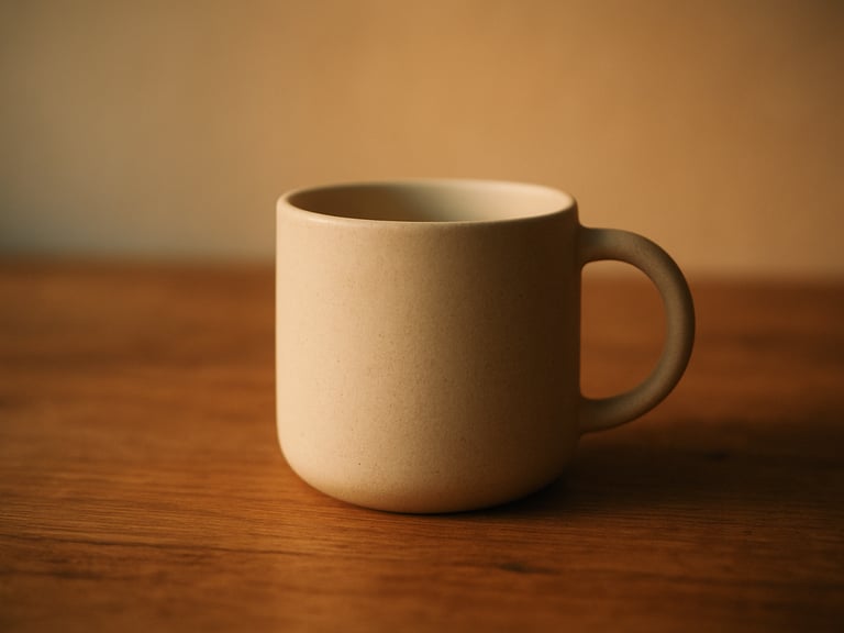 Close-up of minimalist ceramic vessel on a wooden table under soft morning light, warm earth tones, peaceful atmosphere