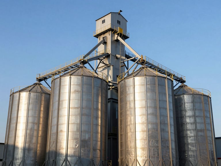 Industrial architectural photography of a massive rice drying facility and silos, silver metallic textures, bright daylight.
