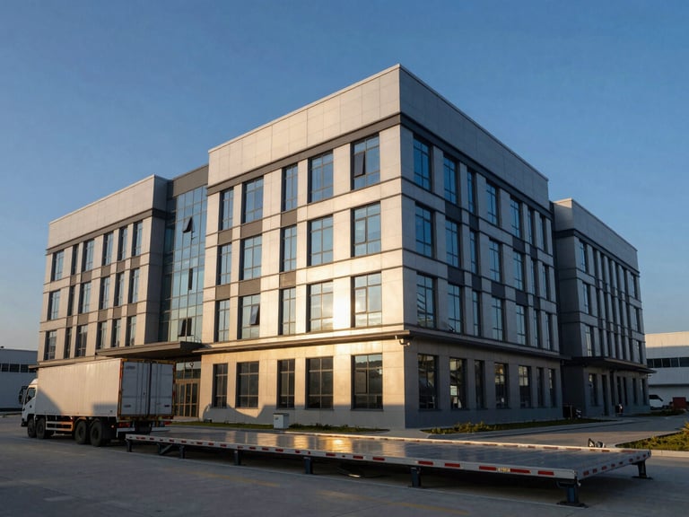 Modern corporate-industrial office building next to a truck scale platform at an agribusiness site, clean contemporary lines